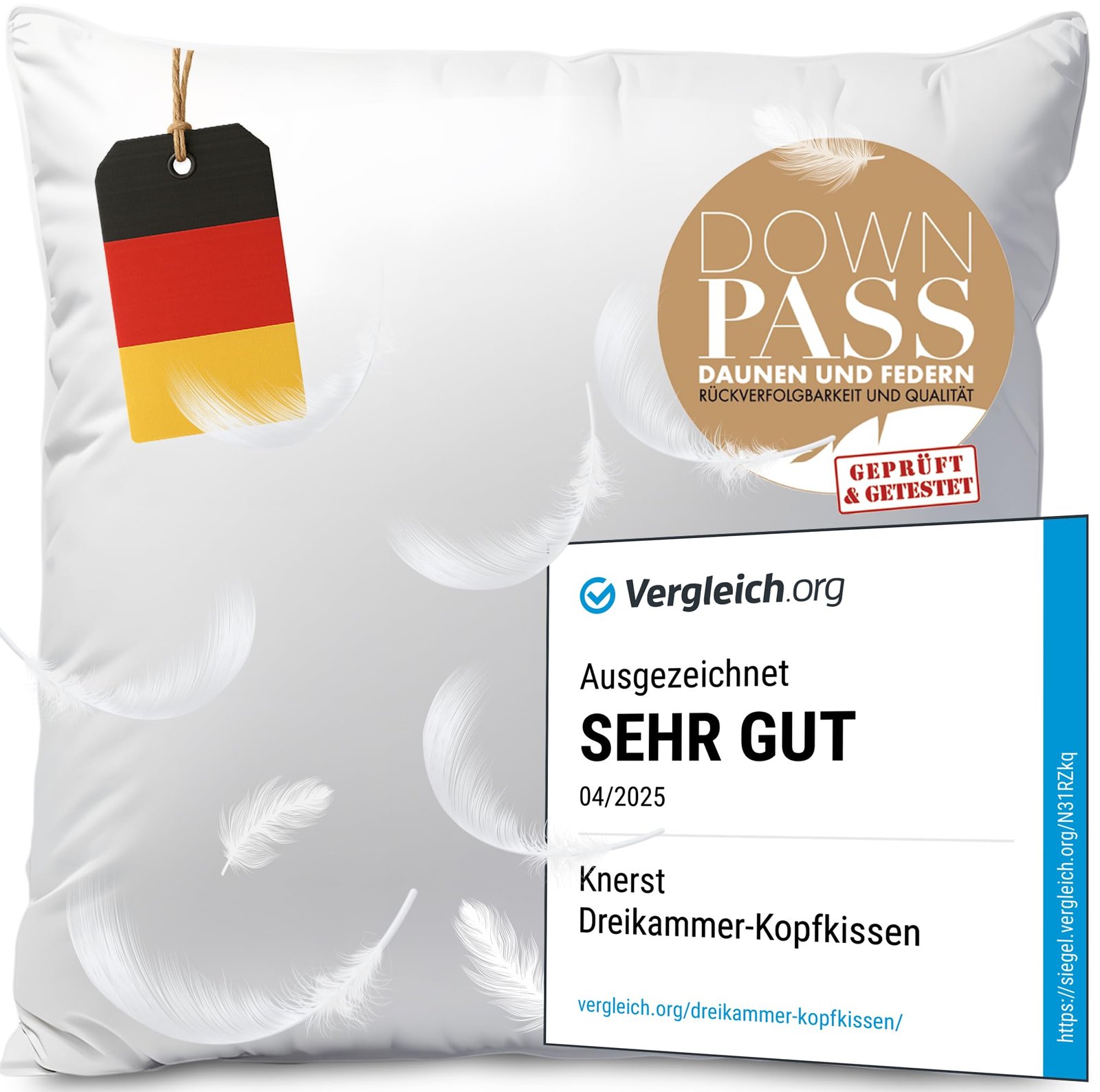 71WyLgkQKGL KNERST Daunenkissen 80x80 cm 2er Set – 3-Kammer Made in Germany – Bild 1